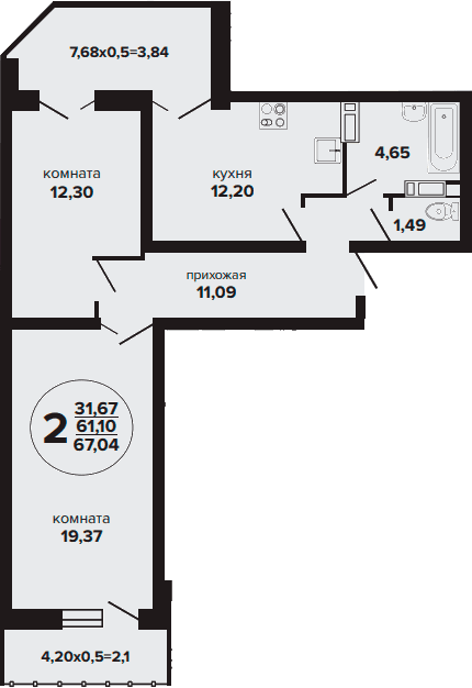 Продается 2-комн. квартира, 61.1 м²