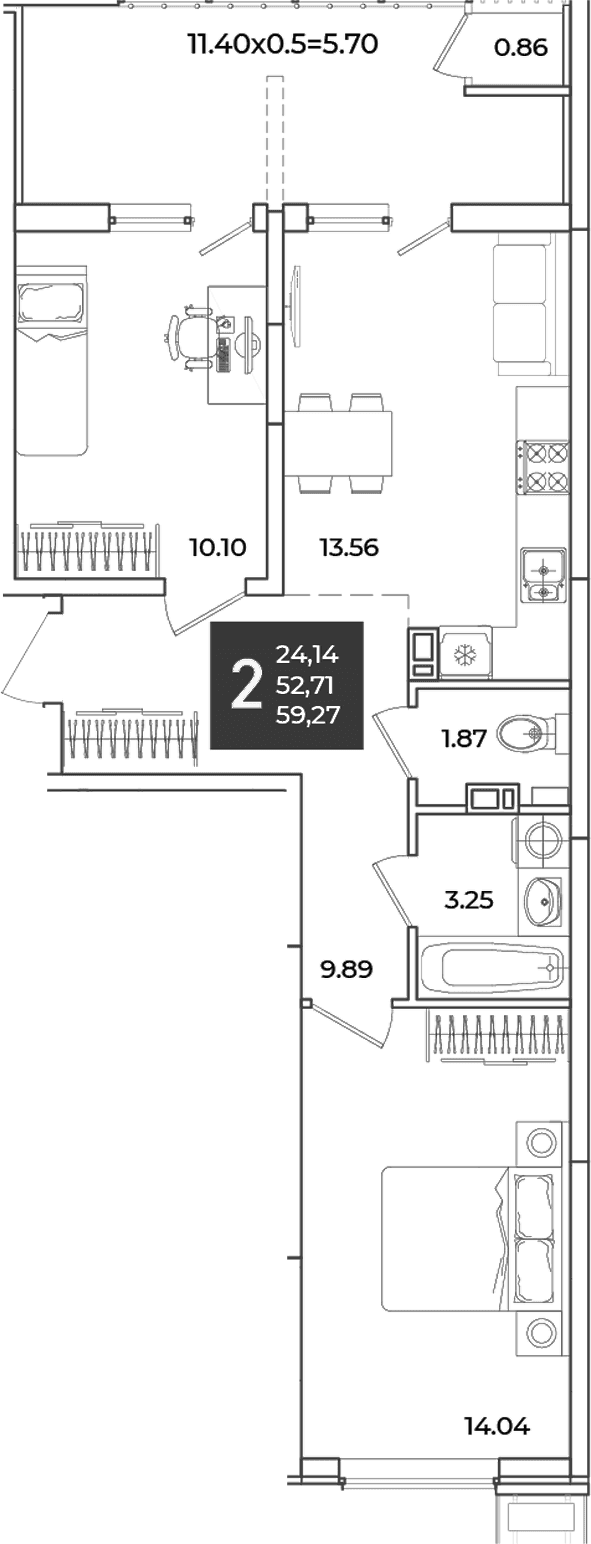 Продается 2-комн. квартира, 52.71 м²
