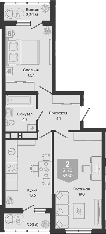 Продается 2-комн. квартира, 56.1 м²