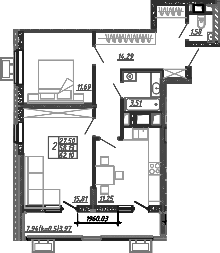 Продается 2-комн. квартира, 60.4 м²