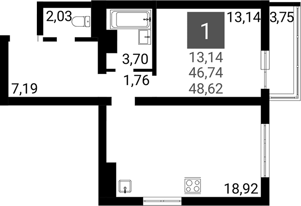 Продается 1-комн. квартира, 44.86 м²