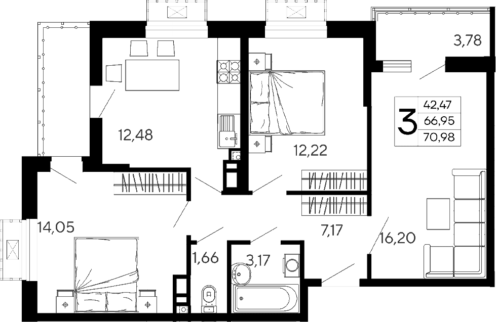 Продается 3-комн. квартира, 66.95 м²