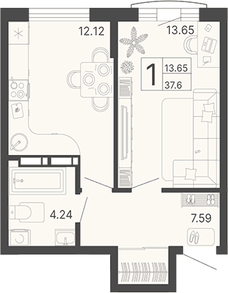 Продается 1-комн. квартира, 37.6 м²