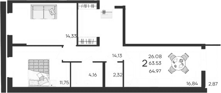 Продается 2-комн. квартира, 63.53 м²