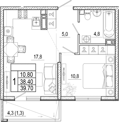 Продается 2-комн. квартира, 38.4 м²