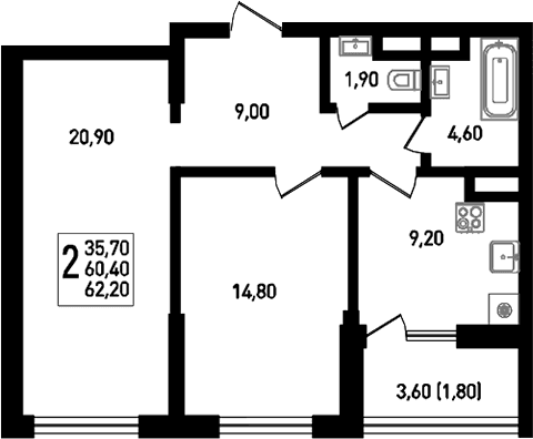 Продается 2-комн. квартира, 61.2 м²