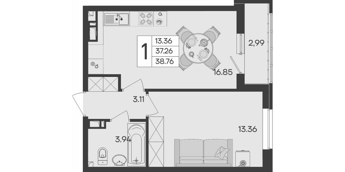 Продается 1-комн. квартира, 37.26 м²