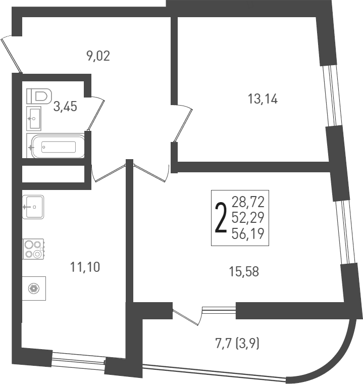 Продается 2-комн. квартира, 53.7 м²