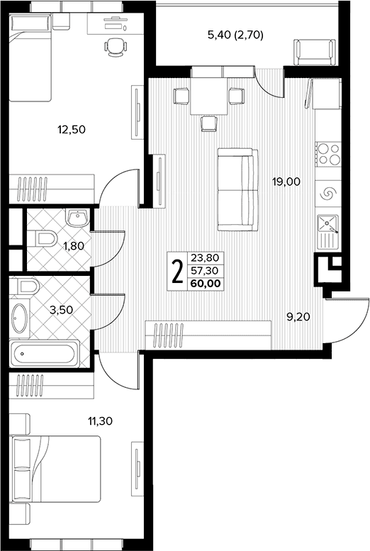 Продается 2-комн. квартира, 57.3 м²