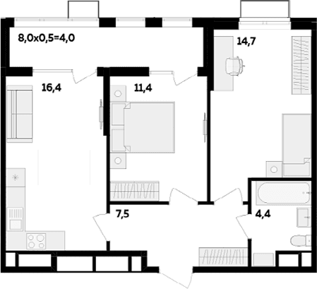 Продается 2-комн. квартира, 54.4 м²
