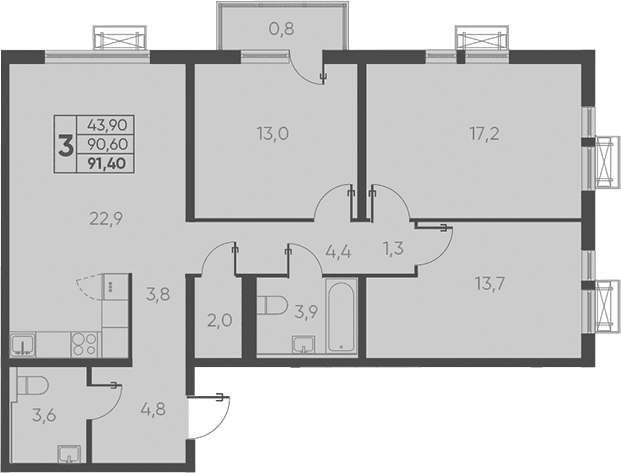 Продается 3-комн. квартира, 90.6 м²