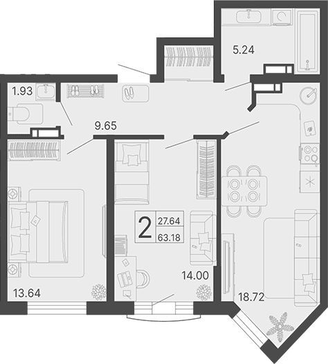 Продается 2-комн. квартира, 63.18 м²