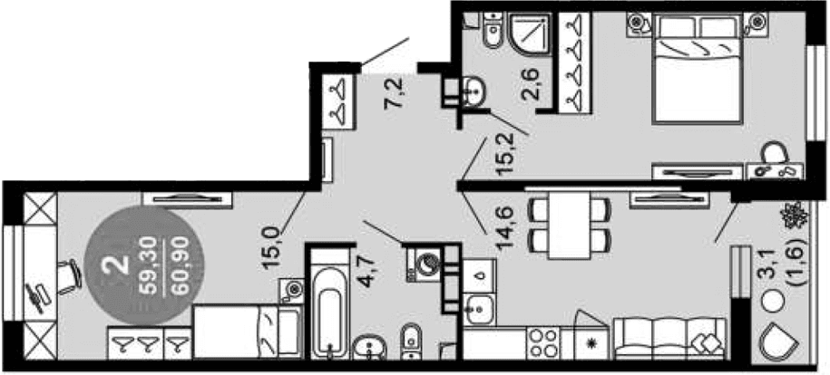 Продается 2-комн. квартира, 59.3 м²