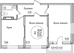Продается 2-комн. квартира, 50.27 м²