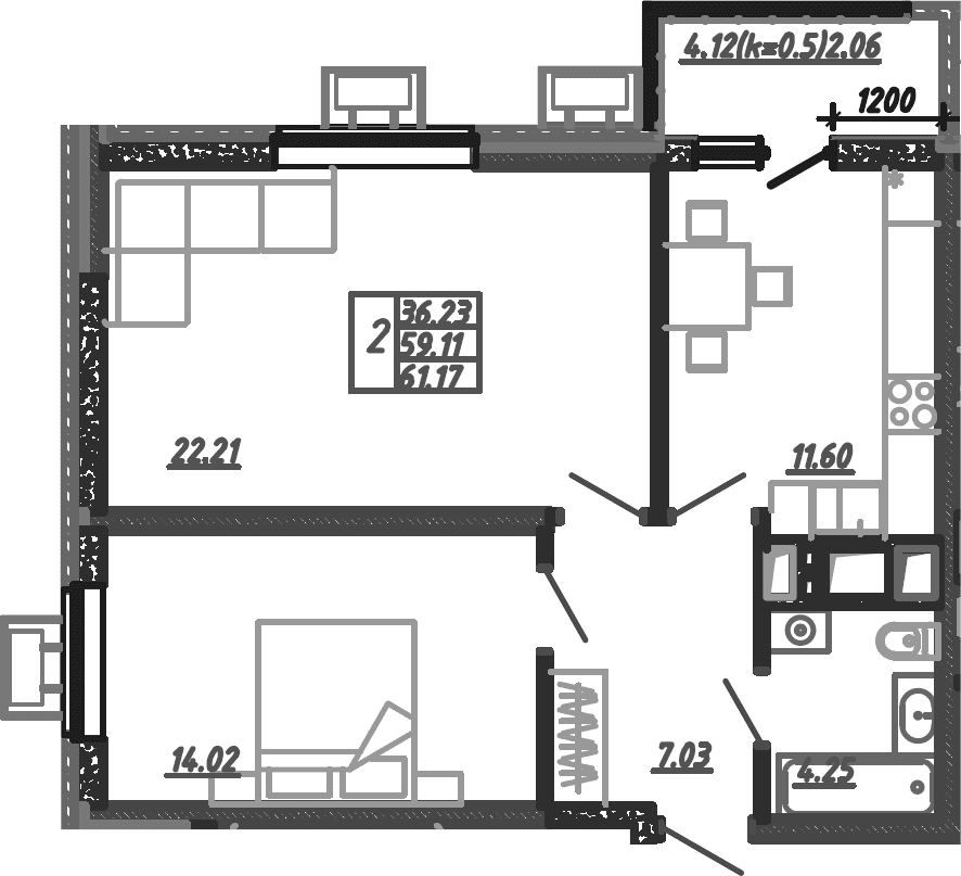 Продается 2-комн. квартира, 61.03 м²