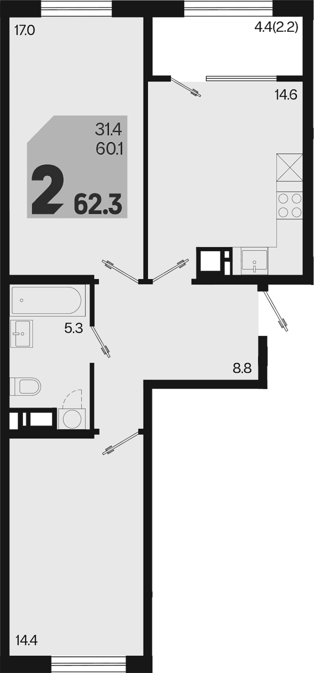 Продается 2-комн. квартира, 60.1 м²