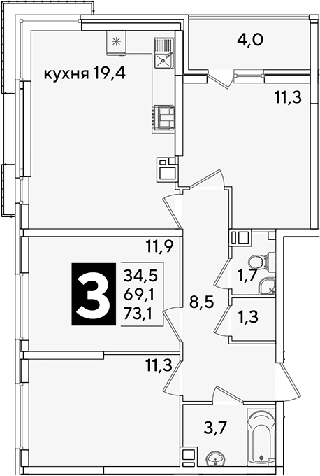 Продается 4-комн. квартира, 69.1 м²