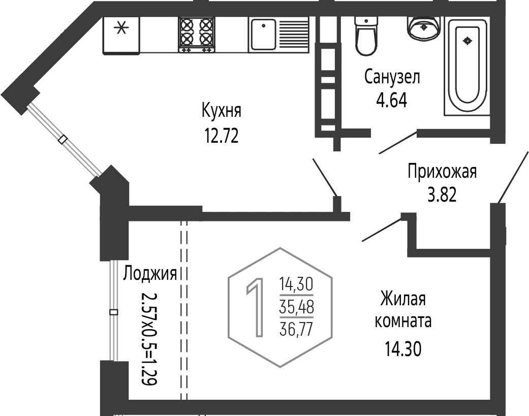 Продается 1-комн. квартира, 35.48 м²