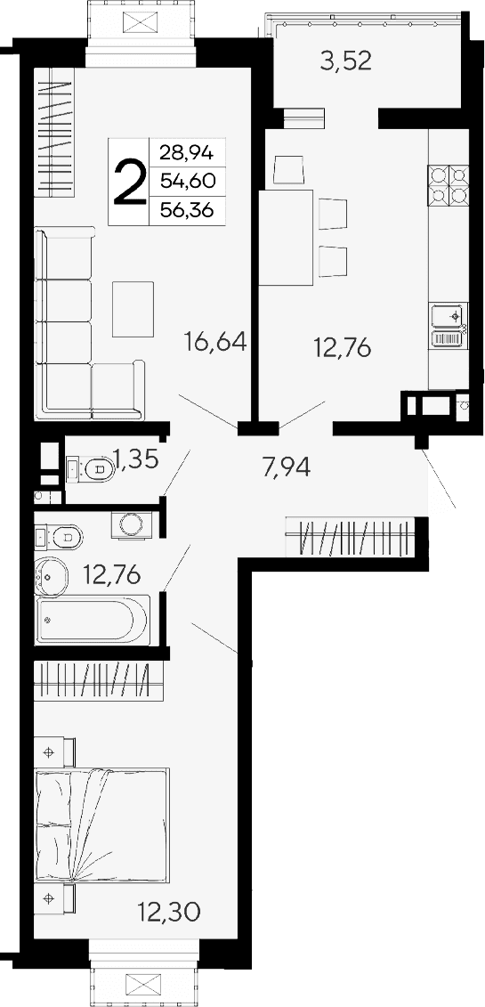 Продается 2-комн. квартира, 54.6 м²