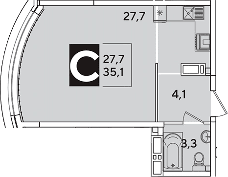 Продается 1-комн. квартира, 35.1 м²