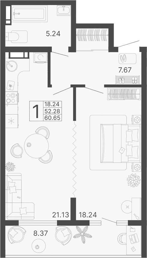 Продается 1-комн. квартира, 52.28 м²