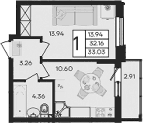 Продается 1-комн. квартира, 32.16 м²