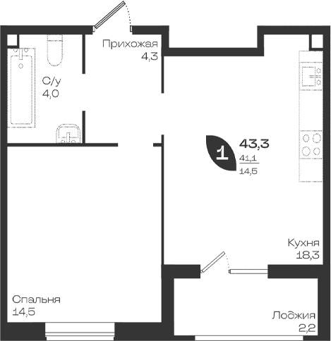 Продается 1-комн. квартира, 41.1 м²