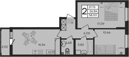 Продается 2-комн. квартира, 56.84 м²