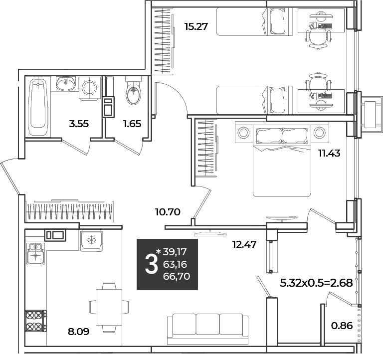 Продается 2-комн. квартира, 63.16 м²