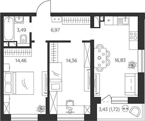 Продается 2-комн. квартира, 56.11 м²