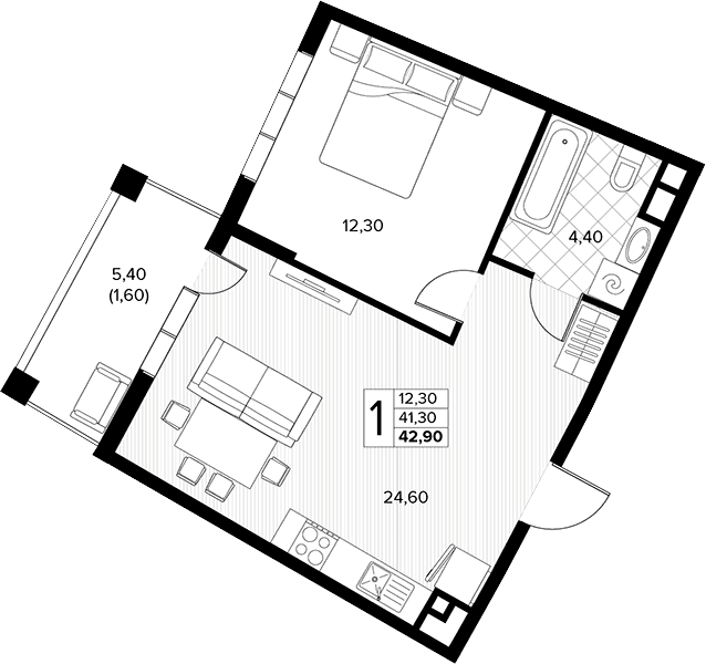 Продается 1-комн. квартира, 41.3 м²