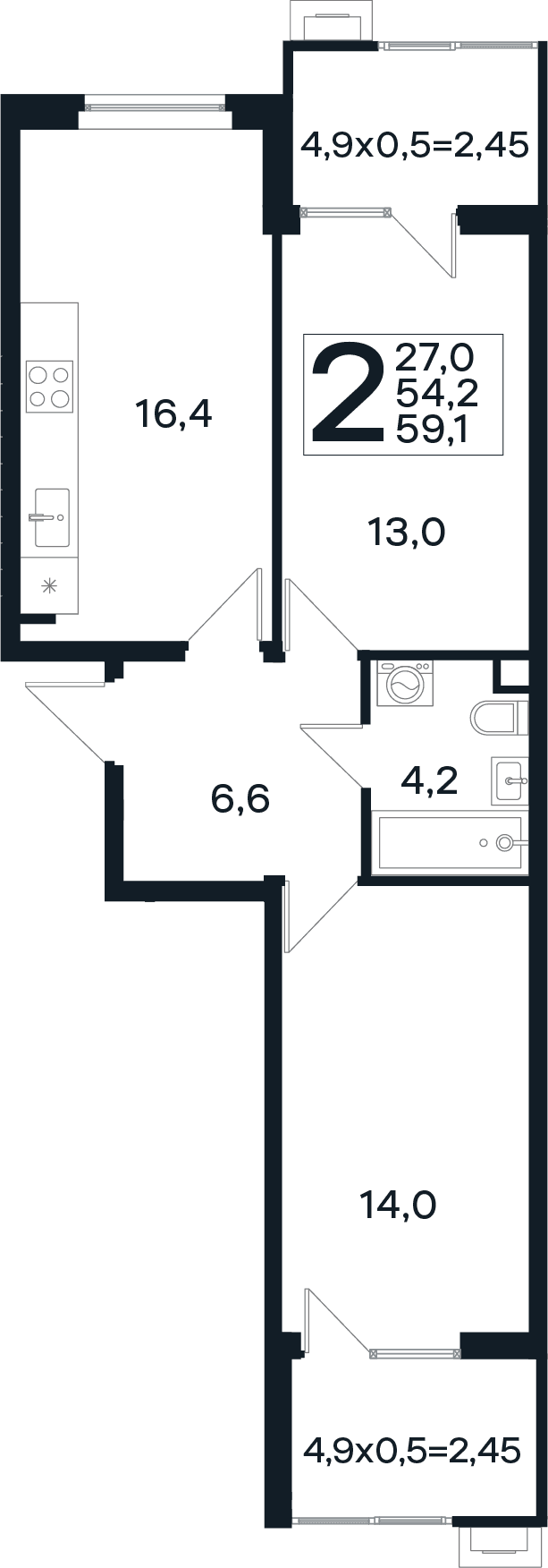Продается 2-комн. квартира, 54.2 м²