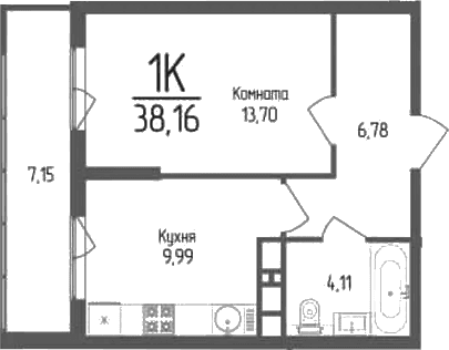 Продается 1-комн. квартира, 34.58 м²