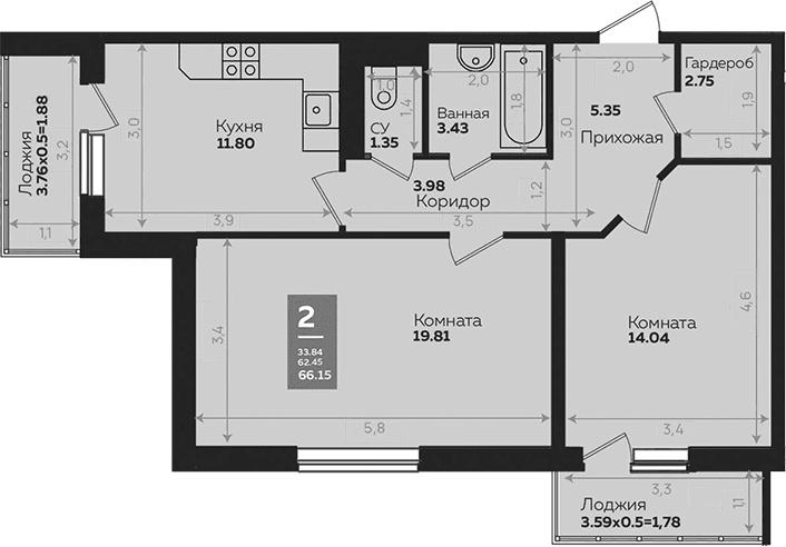 Продается 2-комн. квартира, 62.49 м²