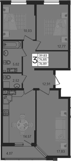 Продается 3-комн. квартира, 74.85 м²