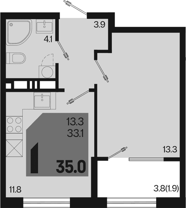 Продается 1-комн. квартира, 33.1 м²