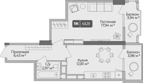 Продается 1-комн. квартира, 40.94 м²