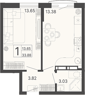 Продается 1-комн. квартира, 33.88 м²