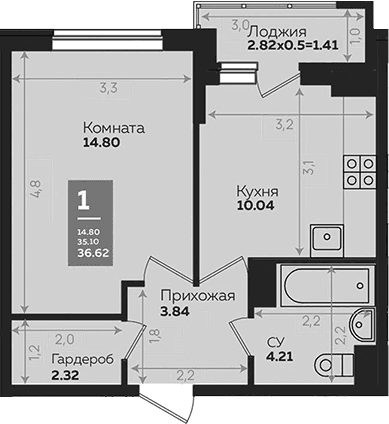 Продается 1-комн. квартира, 35.21 м²