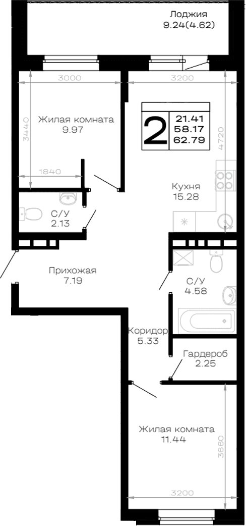 Продается 2-комн. квартира, 58.17 м²