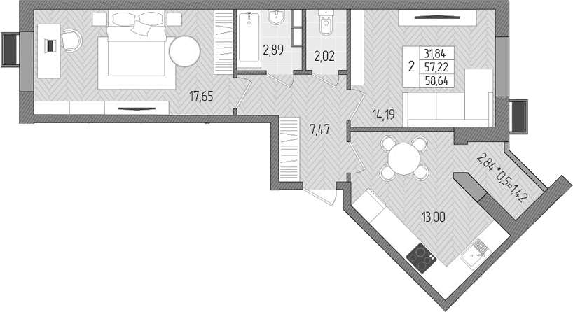 Продается 2-комн. квартира, 57.22 м²