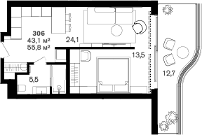 Продается 1-комн. квартира, 43.1 м²