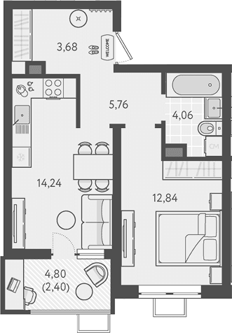 Продается 1-комн. квартира, 40.58 м²
