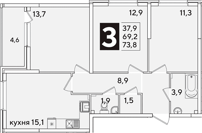 Продается 4-комн. квартира, 69.2 м²