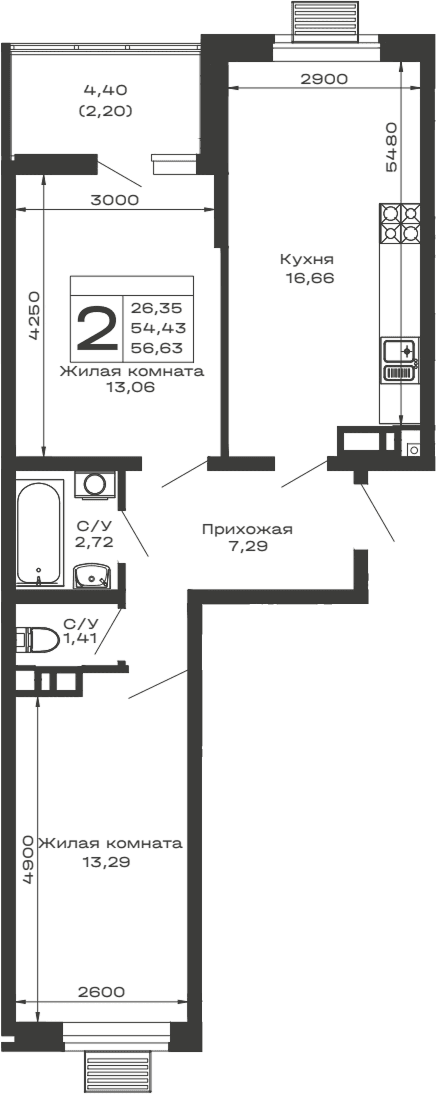 Продается 2-комн. квартира, 54.43 м²