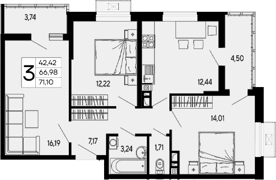 Продается 3-комн. квартира, 66.98 м²