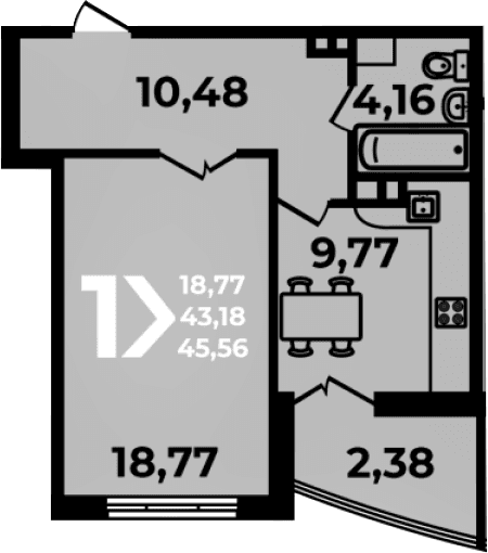 Продается 1-комн. квартира, 43.18 м²