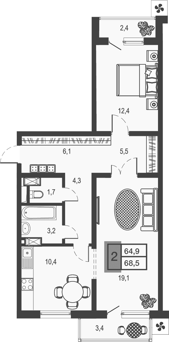 Продается 2-комн. квартира, 62.68 м²