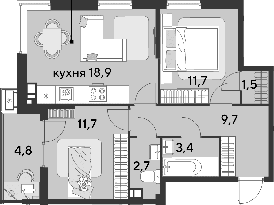 Продается 3-комн. квартира, 59.6 м²