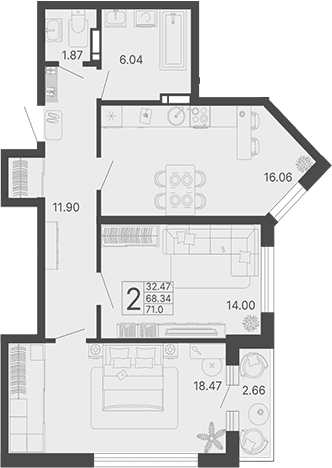 Продается 2-комн. квартира, 68.34 м²